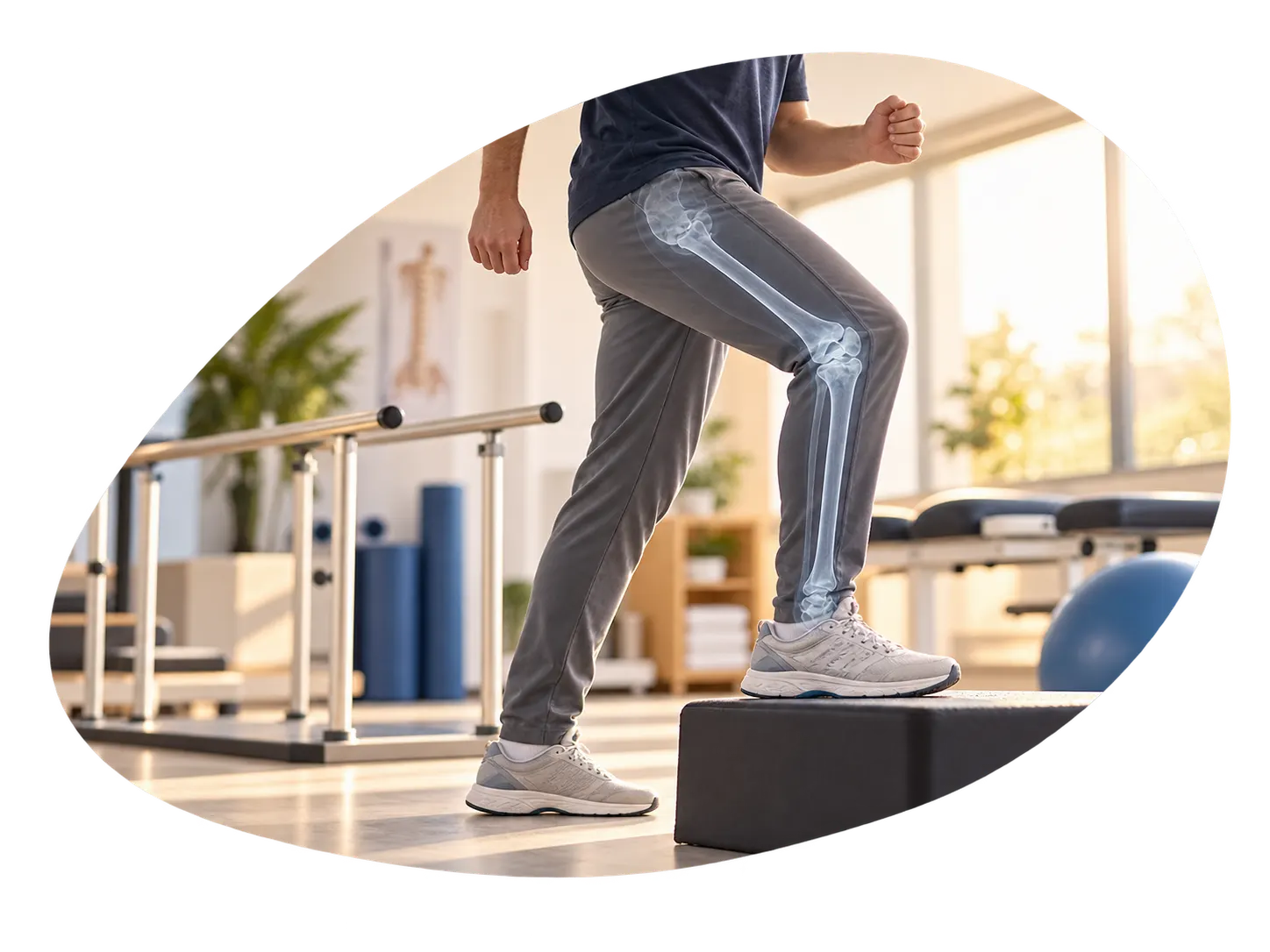 A patient stepping up onto a box in a bright rehabilitation room, with an X-ray-style overlay showing the leg bones.